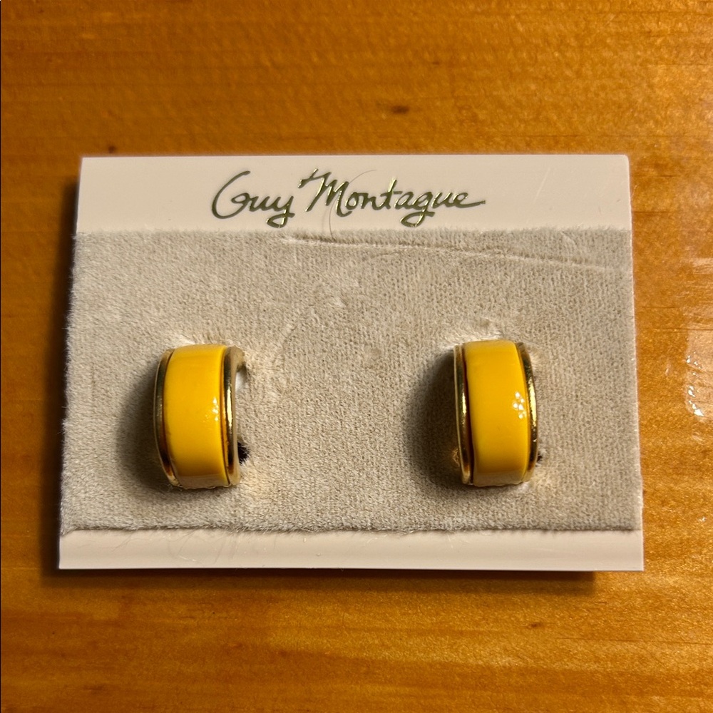 Guy Montague Yellow & Gold Enamel Hoop‎ Clip-On Earrings Vintage 80s